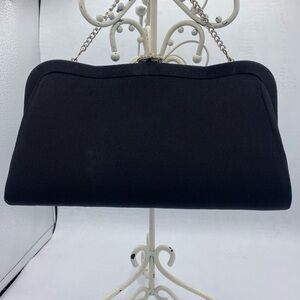Vintage Elegant Black Fabric Clutch With Silver Tone Chain With Jeweled Clasp